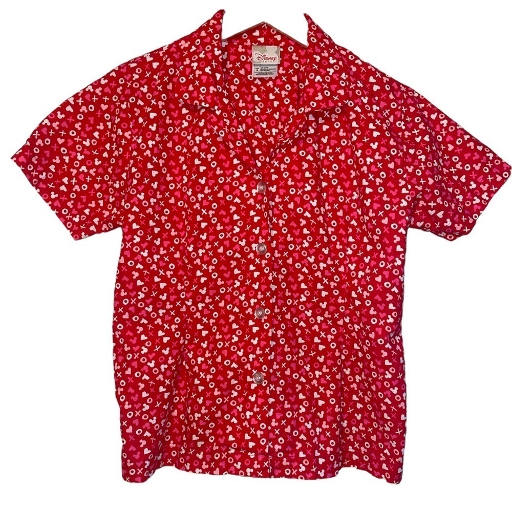 Disney Store Mickey Mouse Red pink hearts Valentine’s collared button top medium